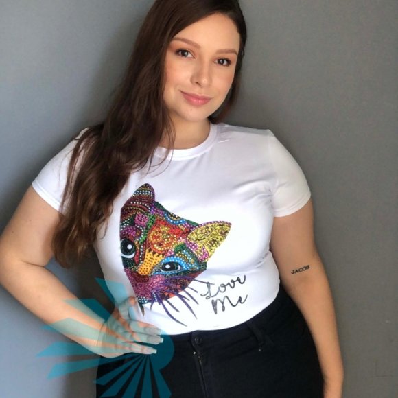 CAT LOVER Rhinestone plus size, Bling Tee, Exclusive. Handmade. GRAY - Picture 3 of 7